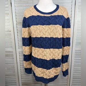 LAND'S END Drifter Cableknit Crewneck Sweater Navy/Tan-Medium